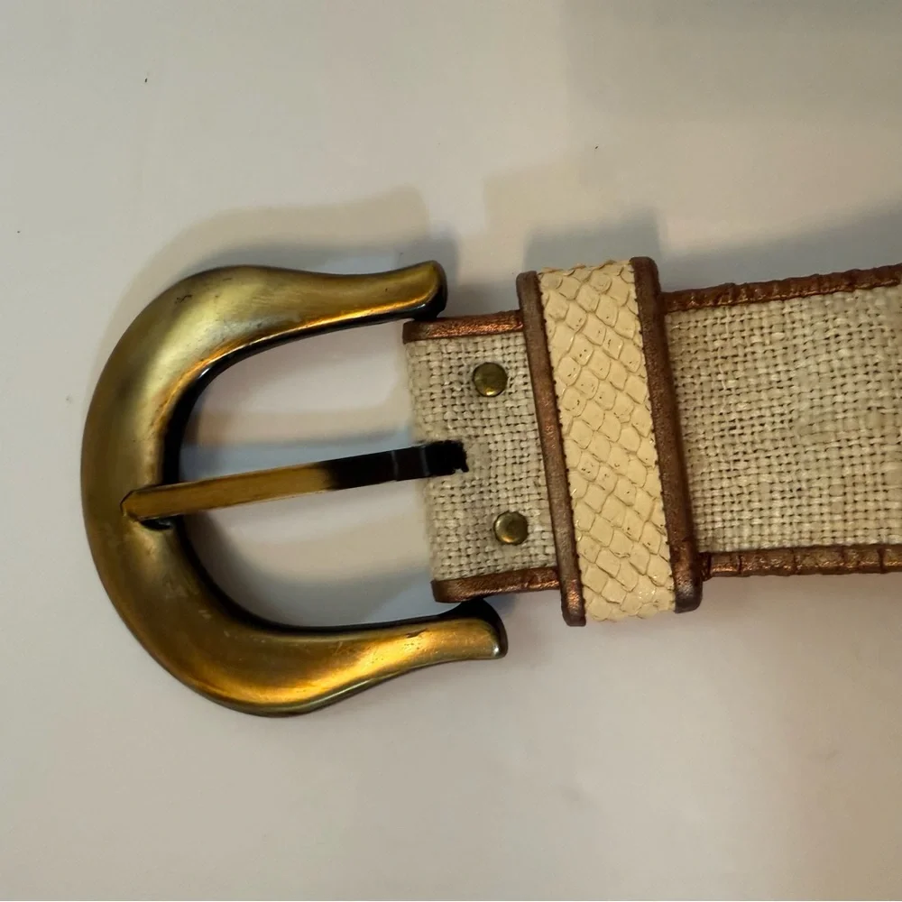 DUSTY BAKER BELT WIDE CREAM FABRIC SNAKESKIN METALLIC BRONZE GOLD SIZE M
